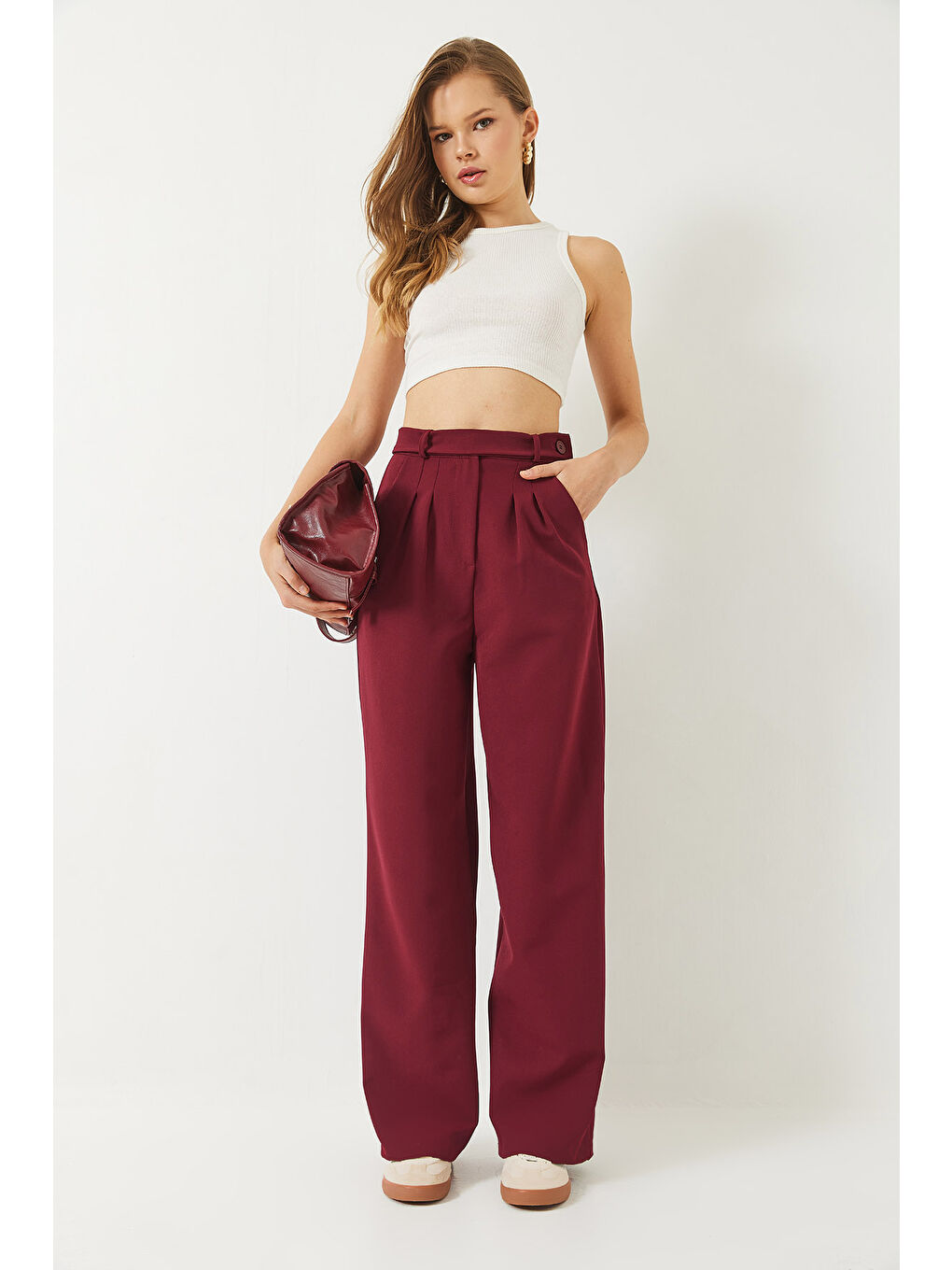 Bordo Kadın Kemer Detaylı Cepli Palazzo Pantolon-2