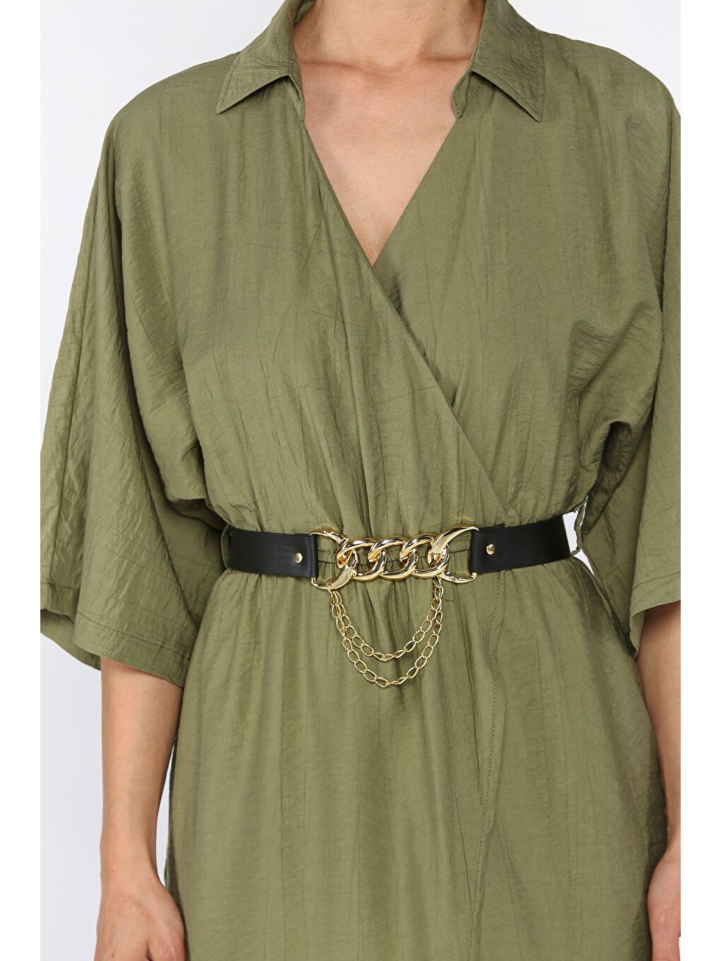 Haki Kruvaze Yaka Kemerli Kadın Elbise-2