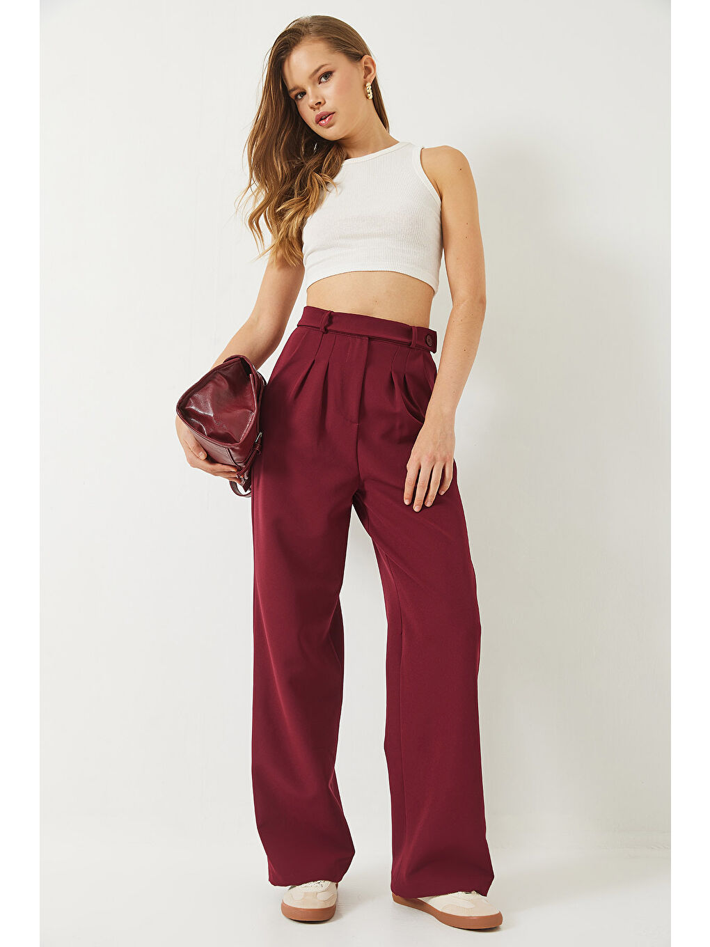 Bordo Kadın Kemer Detaylı Cepli Palazzo Pantolon-4