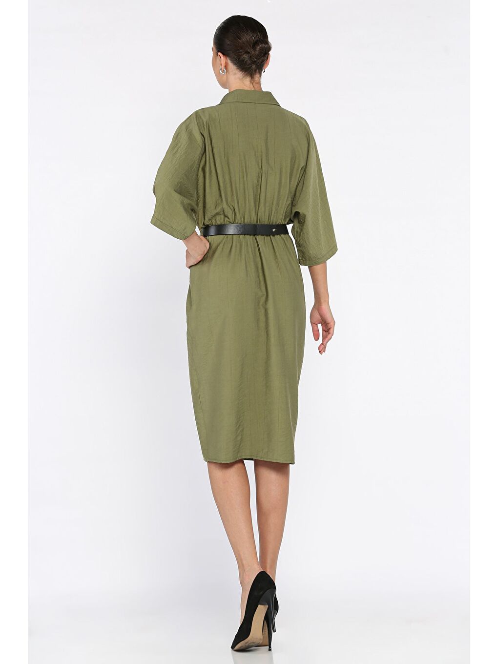 Haki Kruvaze Yaka Kemerli Kadın Elbise-3