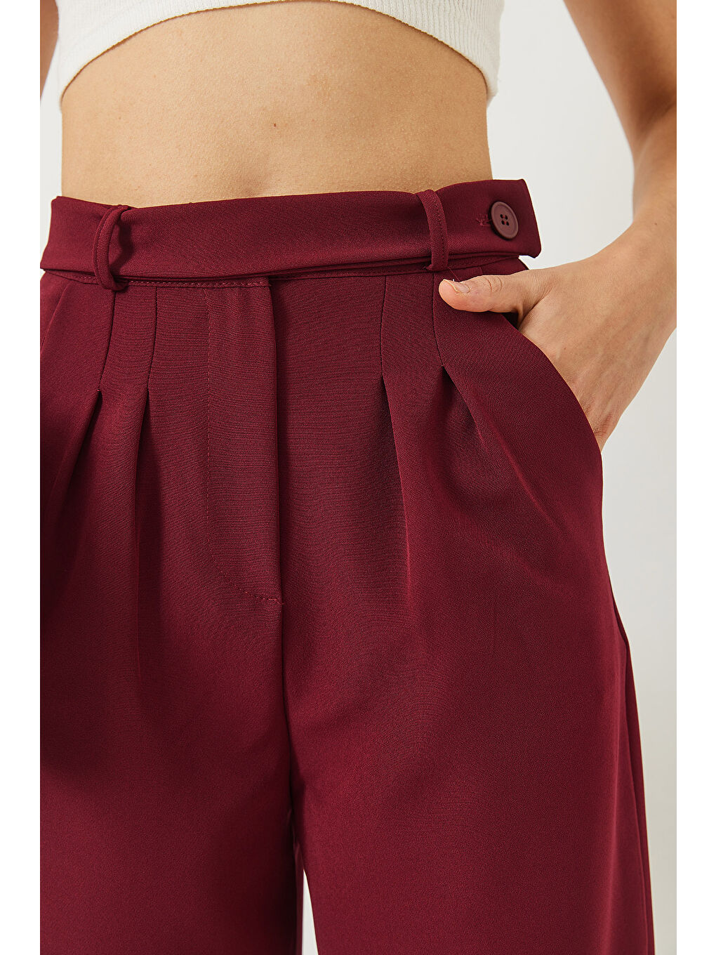 Bordo Kadın Kemer Detaylı Cepli Palazzo Pantolon-5