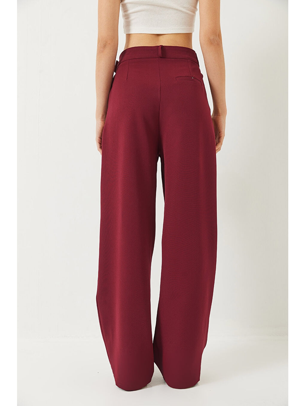 Bordo Kadın Kemer Detaylı Cepli Palazzo Pantolon-6