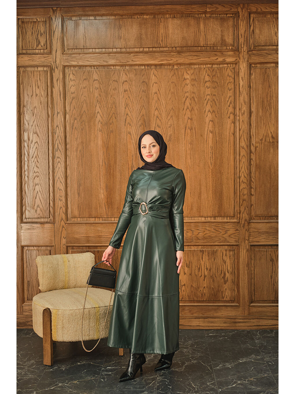 Kadın Şardonlu Deri Elbise Zümrüt Yeşil