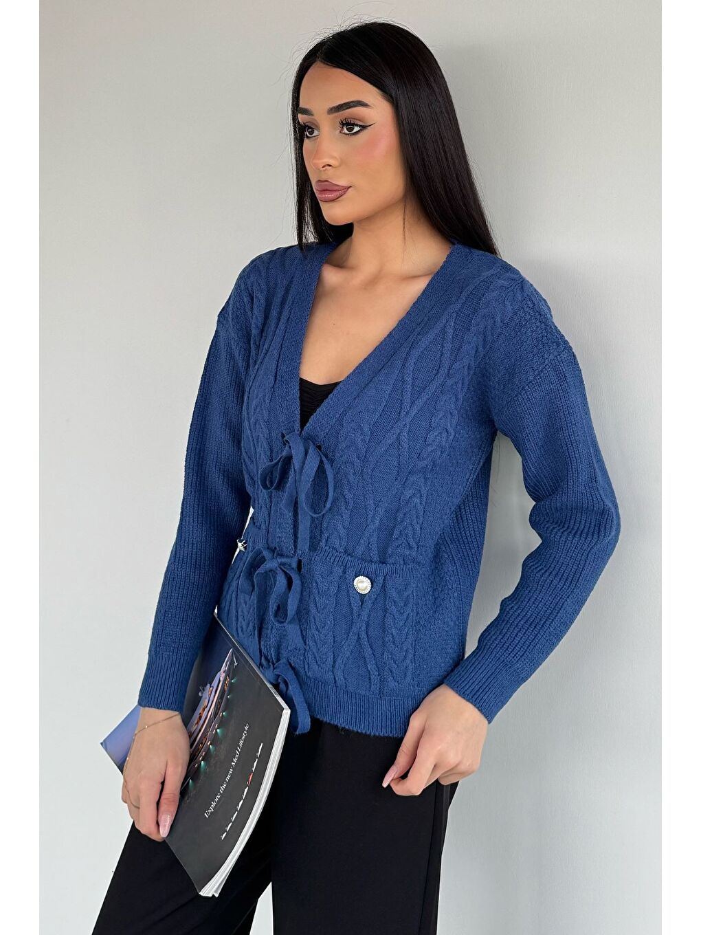 Lacivert Kadın Ön Bağlamalı Çift Cepli Örme Triko Hırka-1