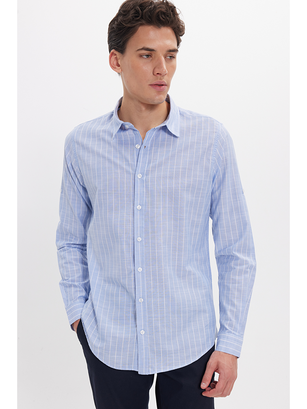 Mavi Erkek Slim Fit Dar Kesim Uzun Kollu %100 Pamuk Keten Doku Çizgili Gömlek-3