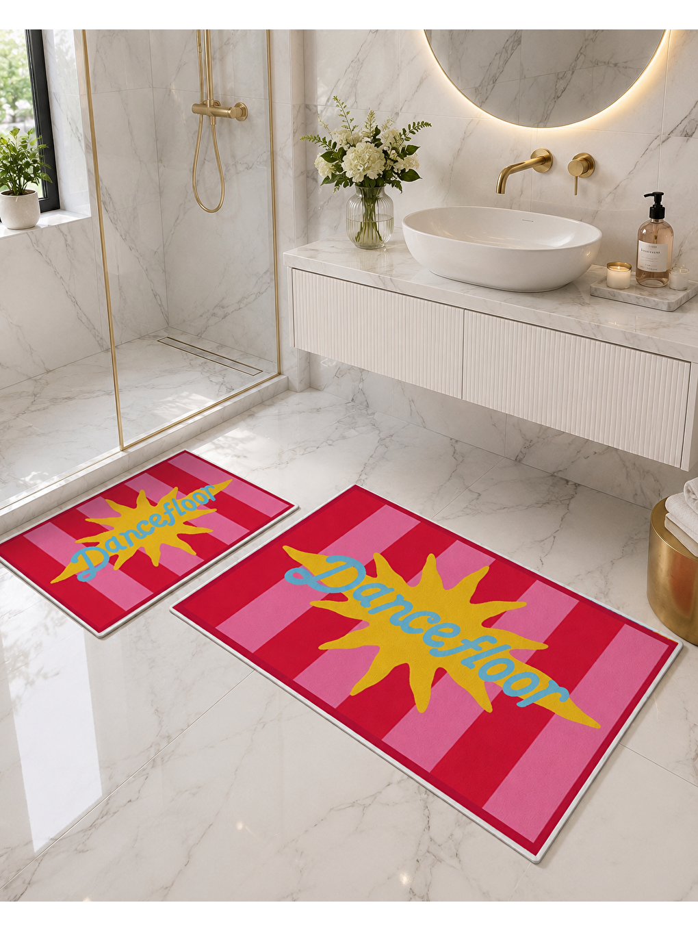 Fuşya Sarı Yıldız Desenli Banyo Paspası Dot Taban Üstü Kadife-4