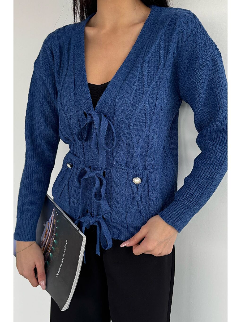 Lacivert Kadın Ön Bağlamalı Çift Cepli Örme Triko Hırka-2