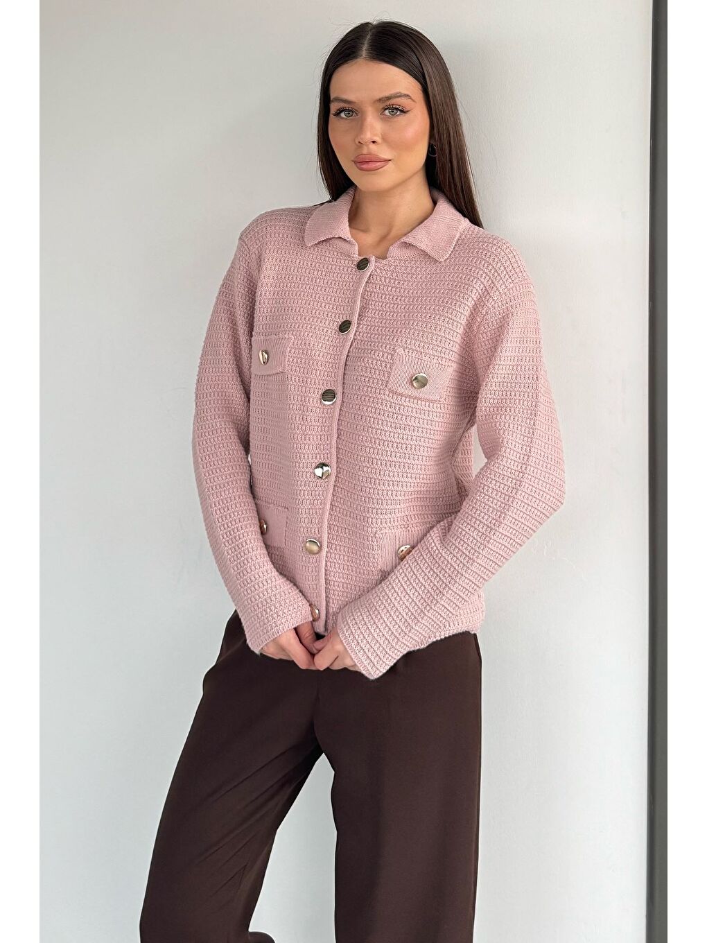 Pembe Kadın Polo Yaka Gold Düğme Detaylı Triko Hırka-1