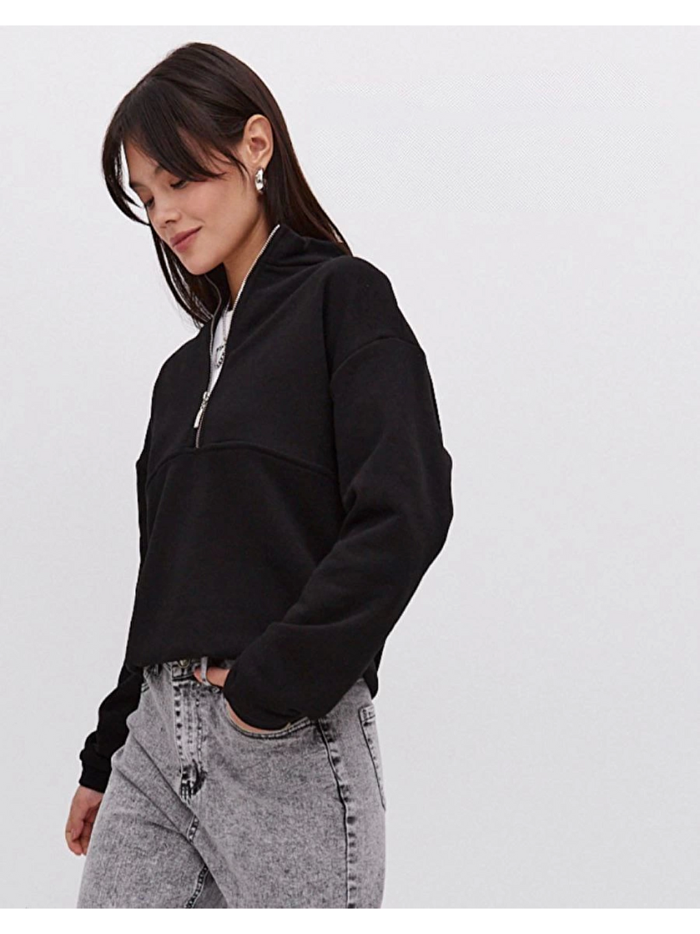 Oversize Yarım Farmuarlı Yakalı Basic Sweatshirt - Siyah-3
