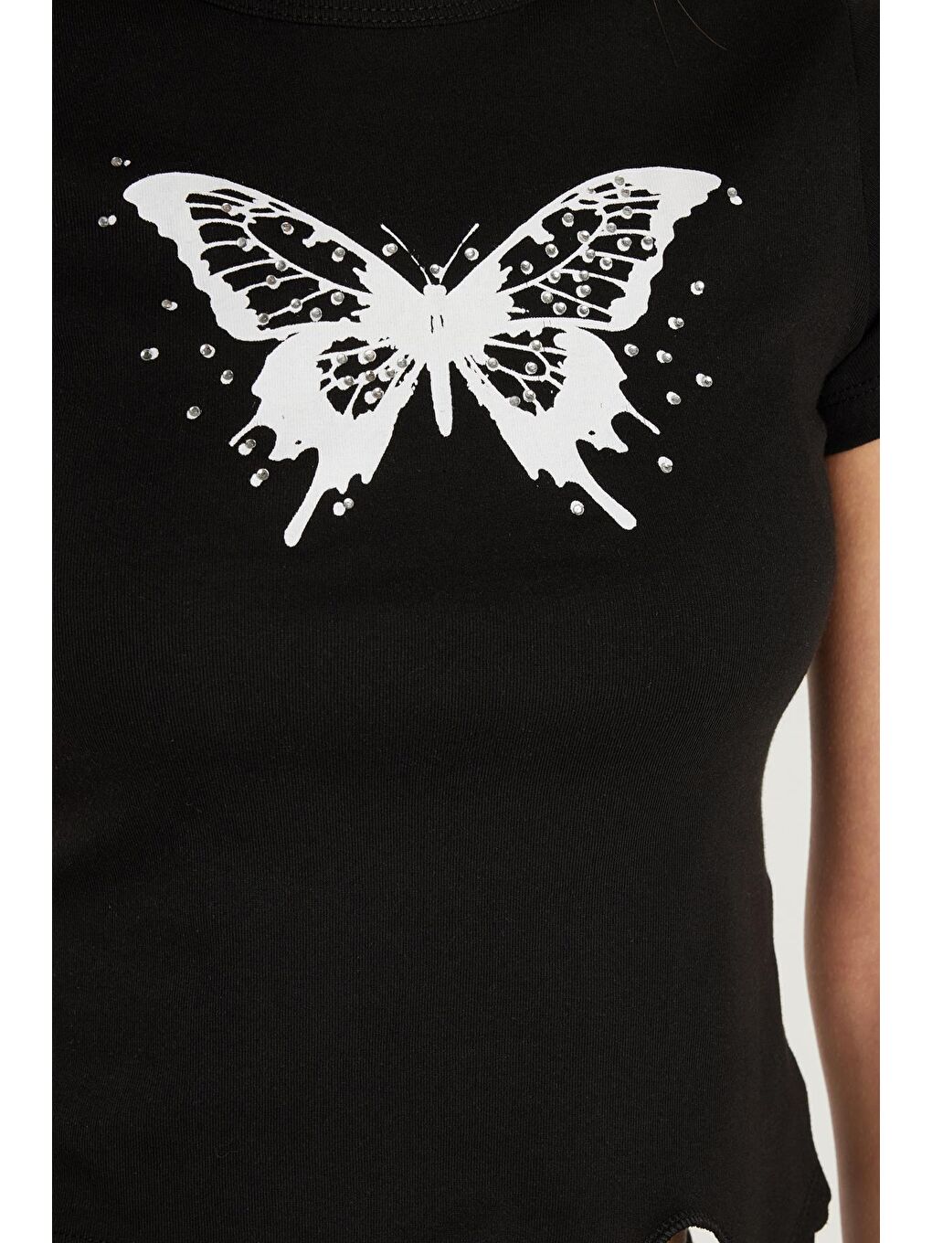 Kadın Slim Fit Dar Kesim Kısa Kollu Bağlamalı Bisiklet Yaka Baskılı Siyah Tişört-2