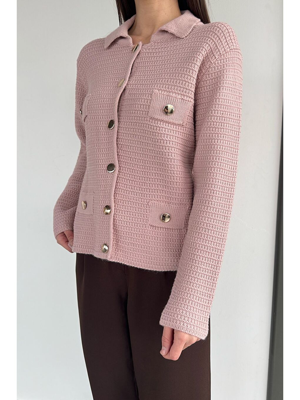 Pembe Kadın Polo Yaka Gold Düğme Detaylı Triko Hırka-2