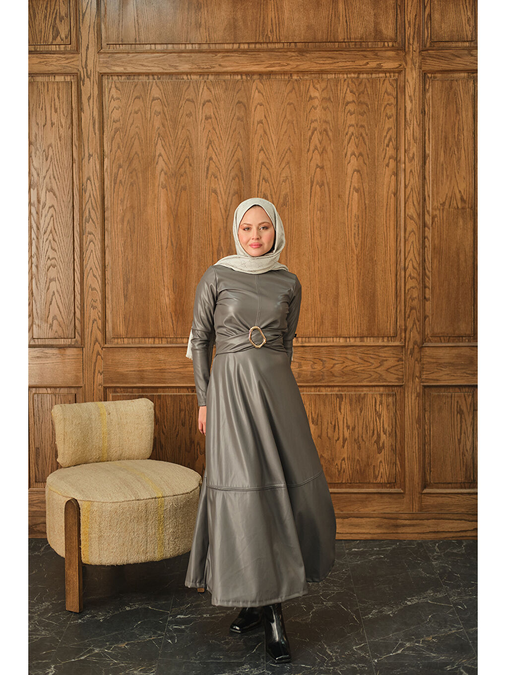 Kadın Şardonlu Deri Elbise Antrasit-1