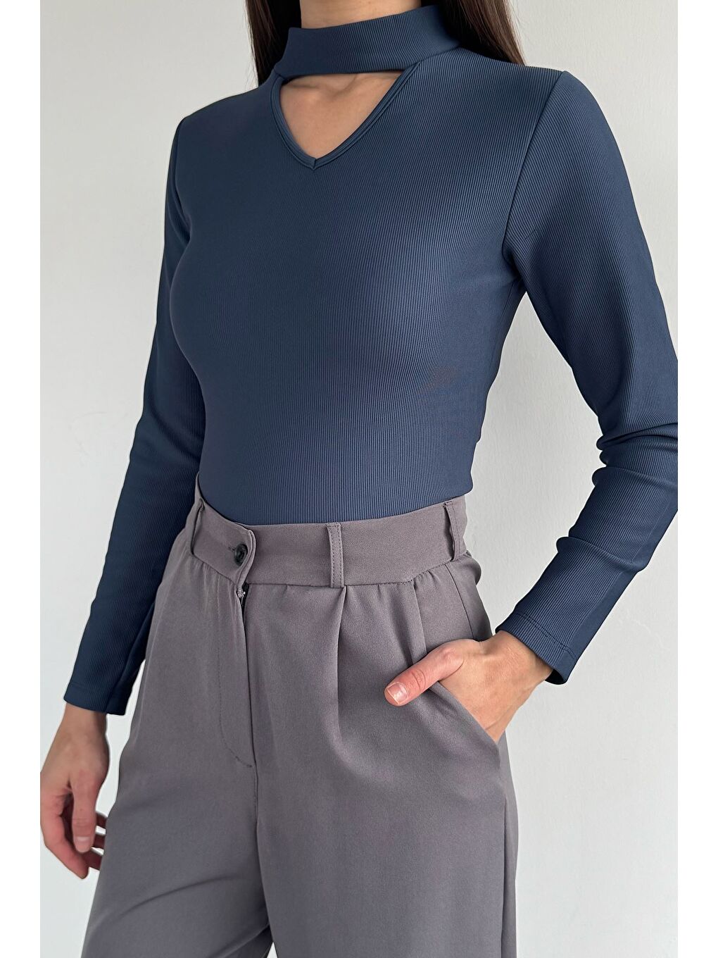 İndigo Kadın Ön Pencereli Kendinden Çizgi Desenli Bluz