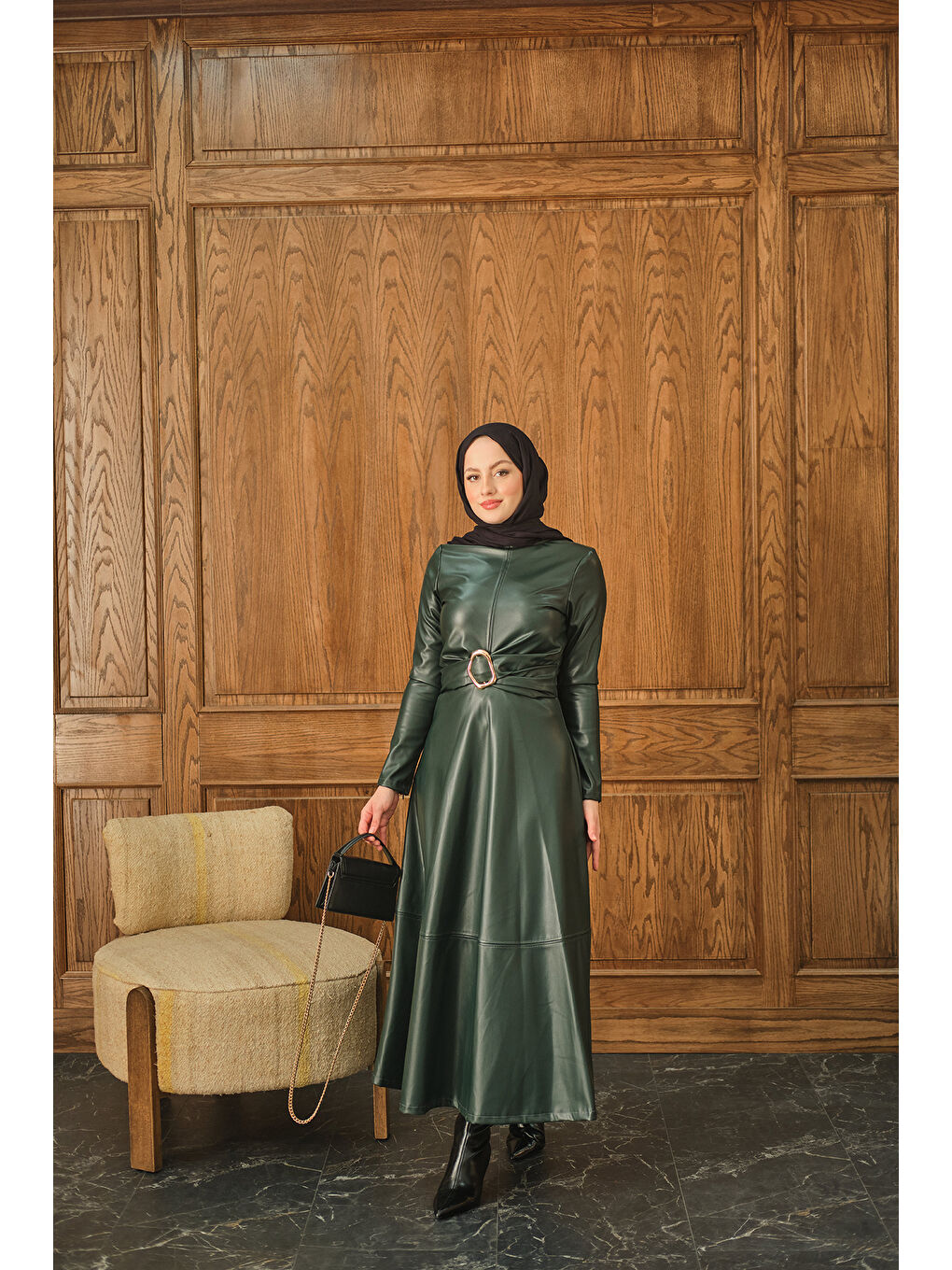 Kadın Şardonlu Deri Elbise Zümrüt Yeşil-1
