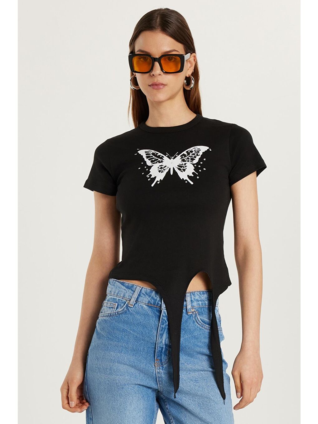 Kadın Slim Fit Dar Kesim Kısa Kollu Bağlamalı Bisiklet Yaka Baskılı Siyah Tişört-3