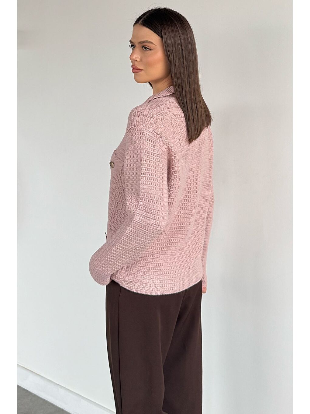 Pembe Kadın Polo Yaka Gold Düğme Detaylı Triko Hırka-3