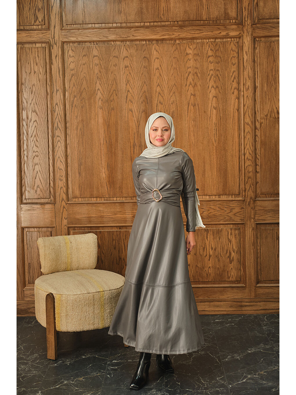 Kadın Şardonlu Deri Elbise Antrasit-2