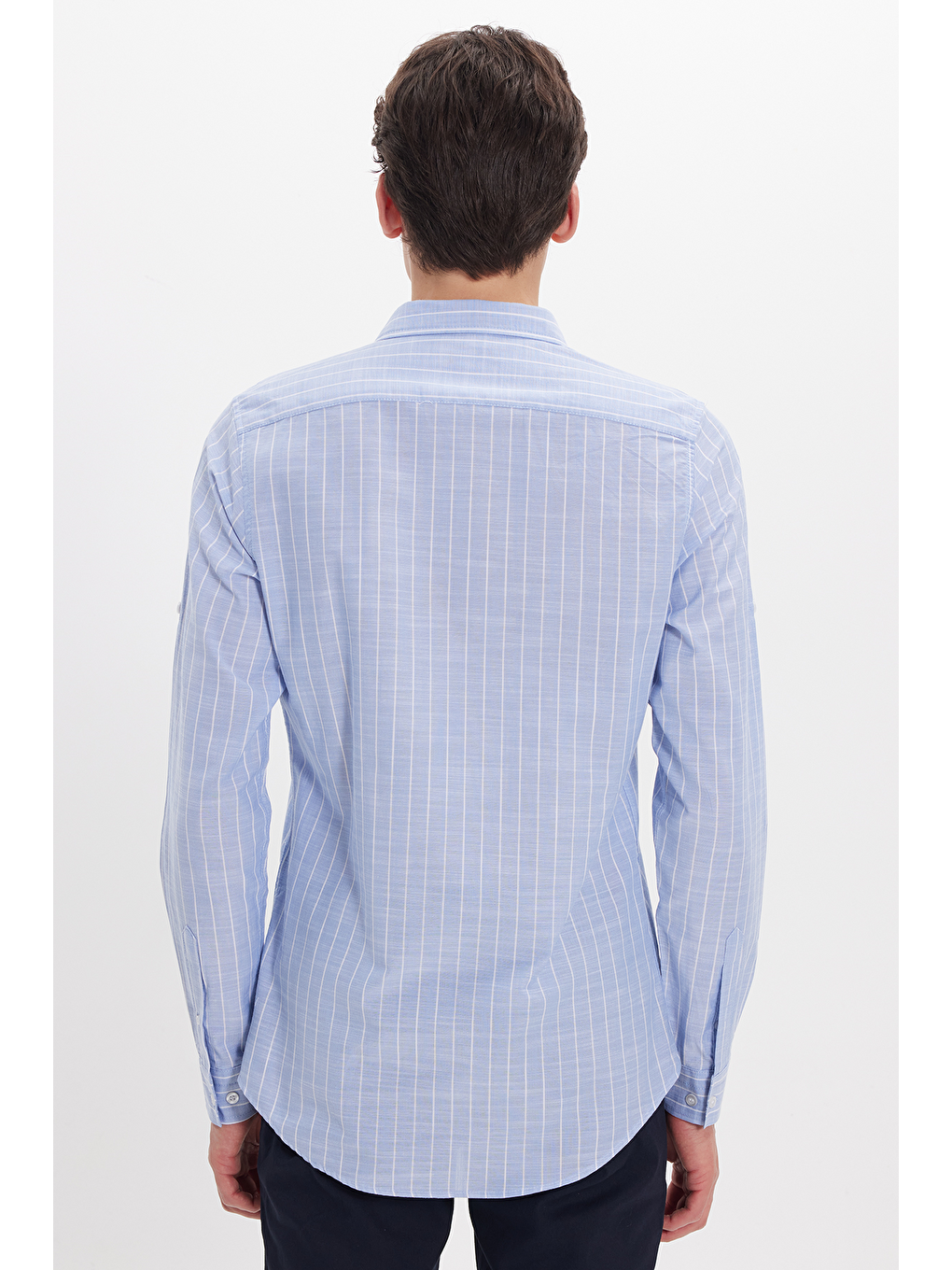 Mavi Erkek Slim Fit Dar Kesim Uzun Kollu %100 Pamuk Keten Doku Çizgili Gömlek-5