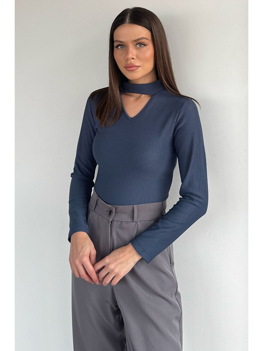 İndigo Kadın Ön Pencereli Kendinden Çizgi Desenli Bluz-2