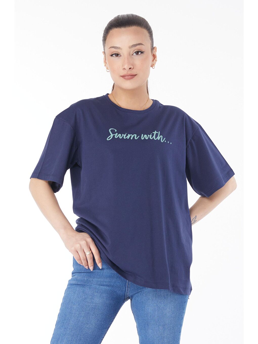 TOFİSA Lacivert Düz Bisiklet Yaka Kadın Lacivert Kısa Kollu Baskılı T-shirt - 24650