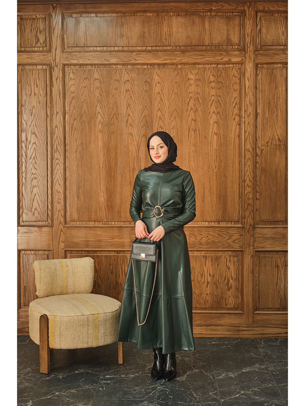 Kadın Şardonlu Deri Elbise Zümrüt Yeşil-2