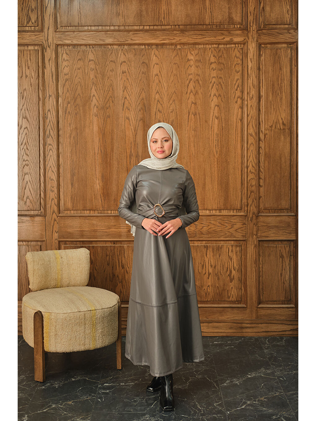 Kadın Şardonlu Deri Elbise Antrasit-3