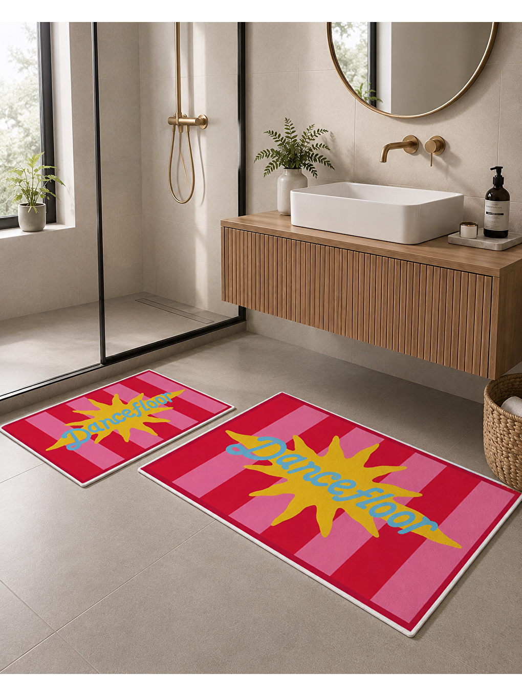 Fuşya Sarı Yıldız Desenli Banyo Paspası Dot Taban Üstü Kadife-5