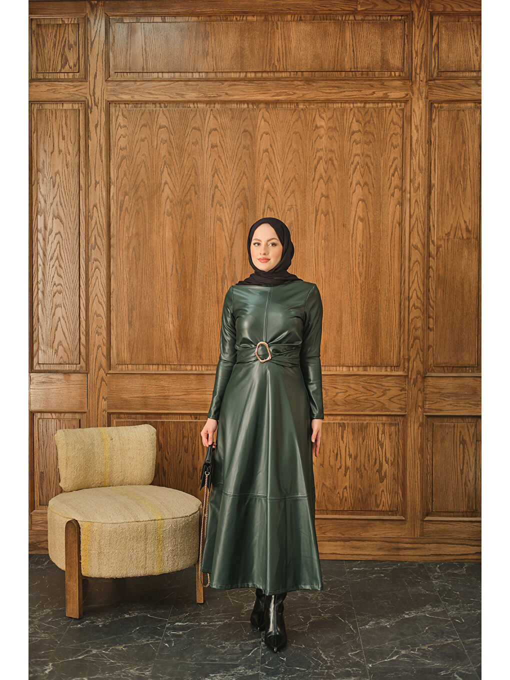 Kadın Şardonlu Deri Elbise Zümrüt Yeşil-3