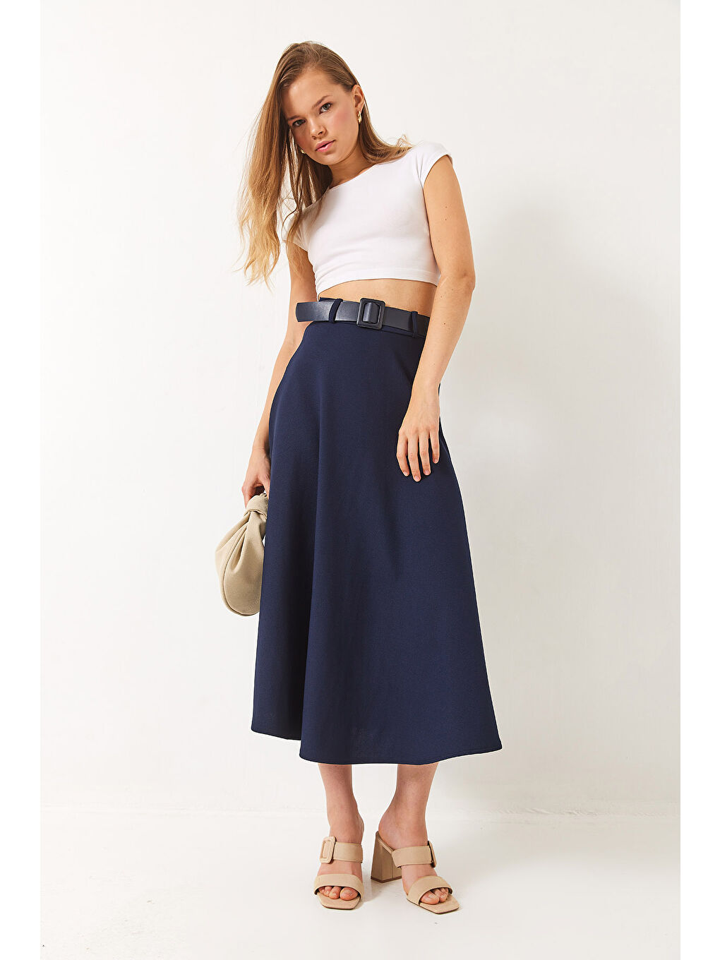 Lacivert Kadın Kemerli Kloş Örme Maxi Boy Etek-1