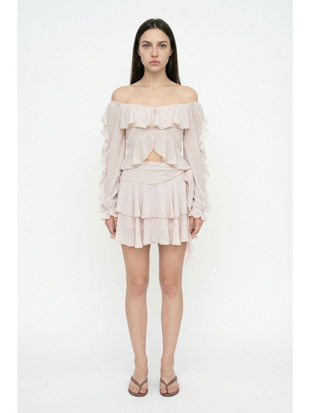 Bağlamalı Fırfırlı Mini Etek Bej-2