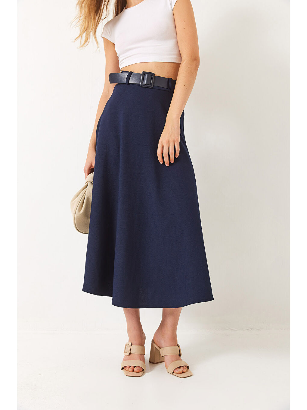Lacivert Kadın Kemerli Kloş Örme Maxi Boy Etek-2