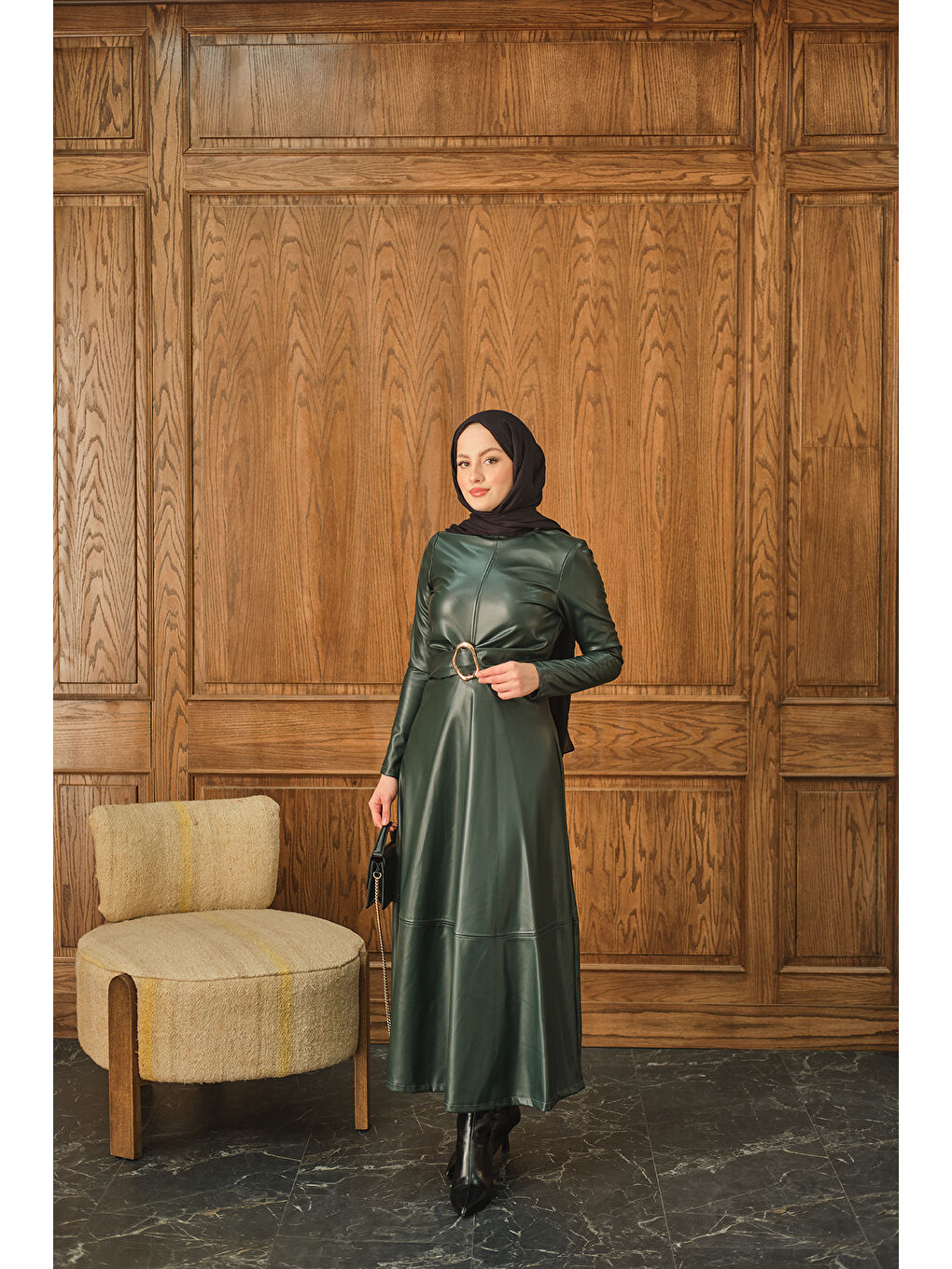 Kadın Şardonlu Deri Elbise Zümrüt Yeşil-4