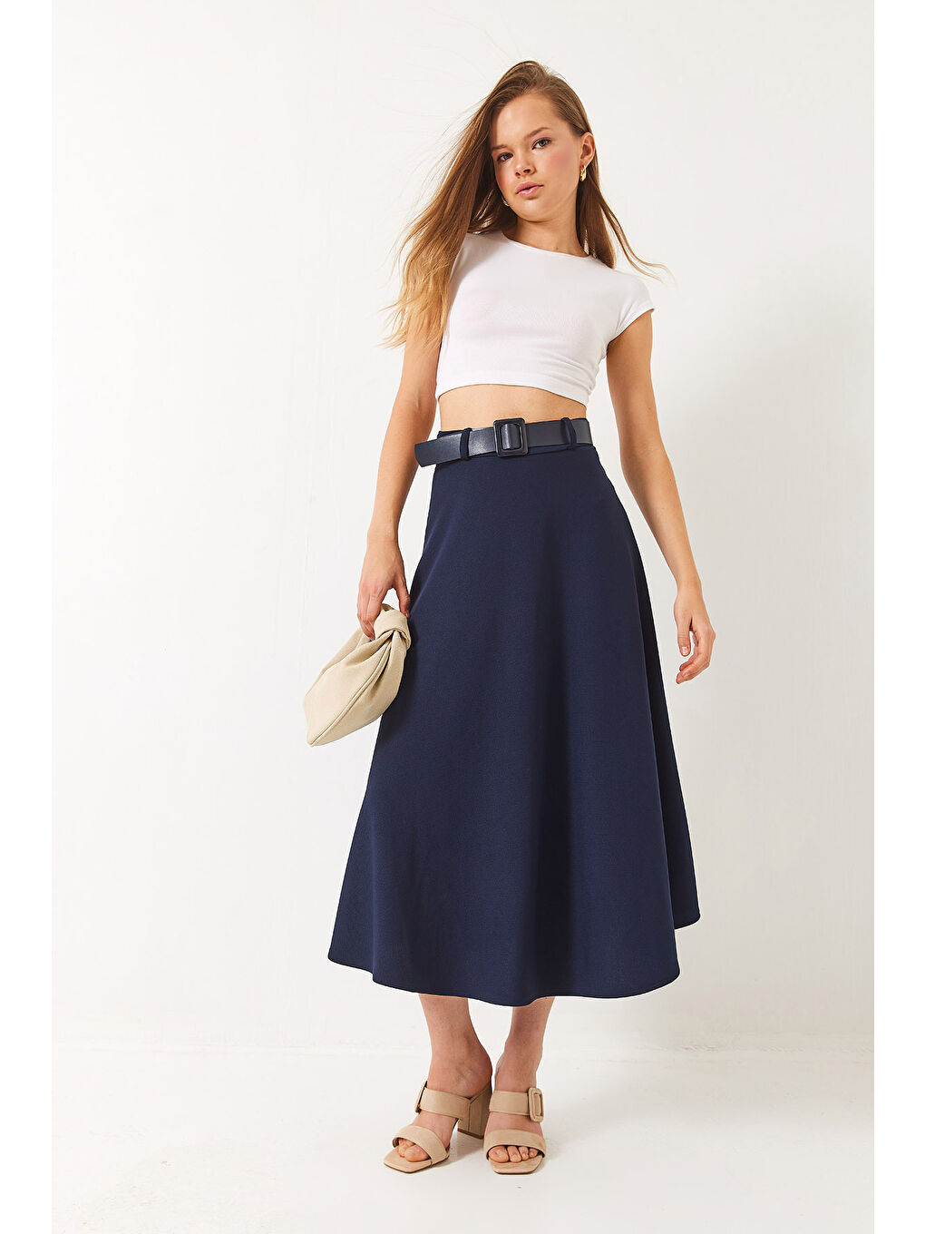 Lacivert Kadın Kemerli Kloş Örme Maxi Boy Etek-4