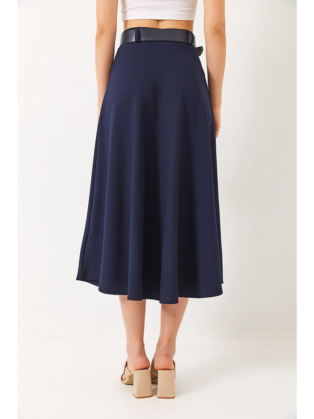 Lacivert Kadın Kemerli Kloş Örme Maxi Boy Etek-6