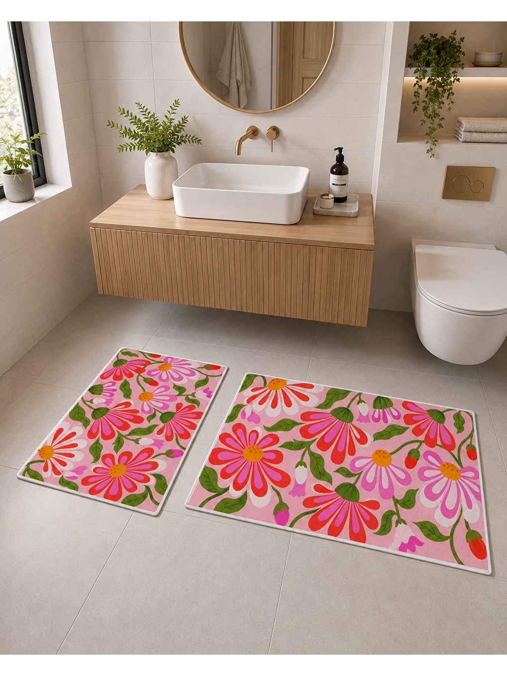 Pembe Yeşil Çiçek Desenli Banyo Paspası Dot Taban Üstü Kadife-3