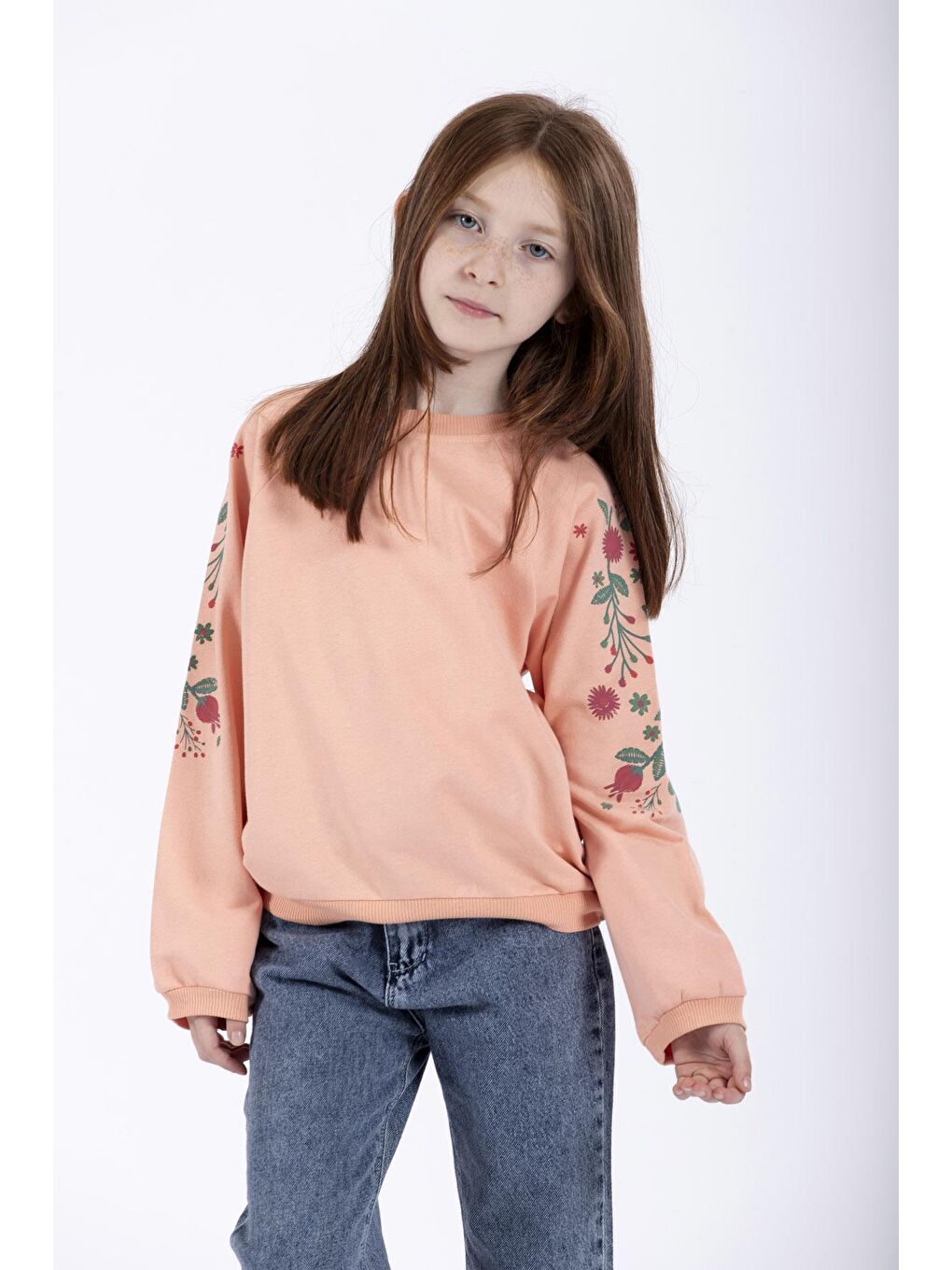 Pembe Bisiklet Yaka Çiçek Baskılı Kız Çocuk Sweatshirt