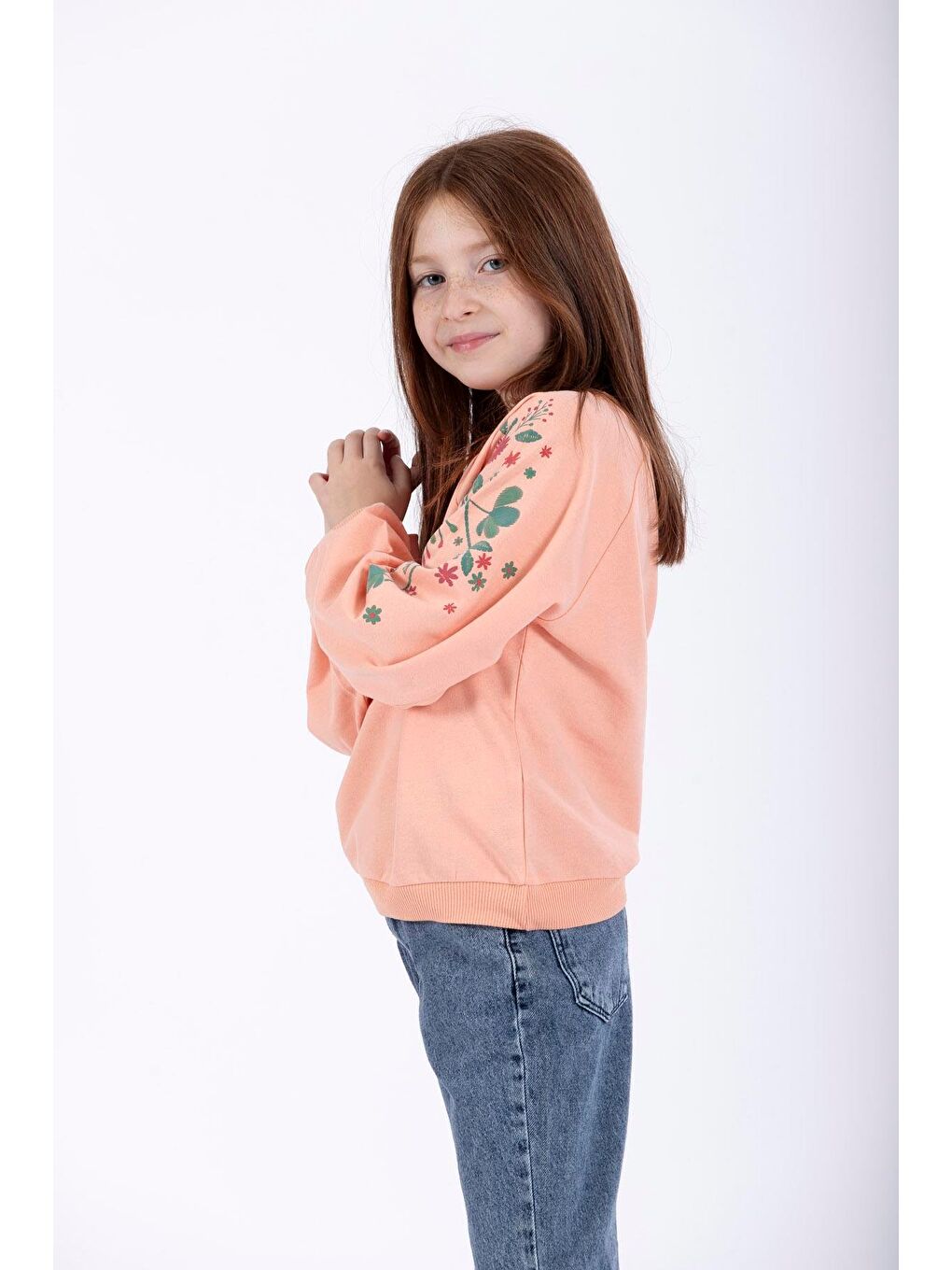 Pembe Bisiklet Yaka Çiçek Baskılı Kız Çocuk Sweatshirt-1