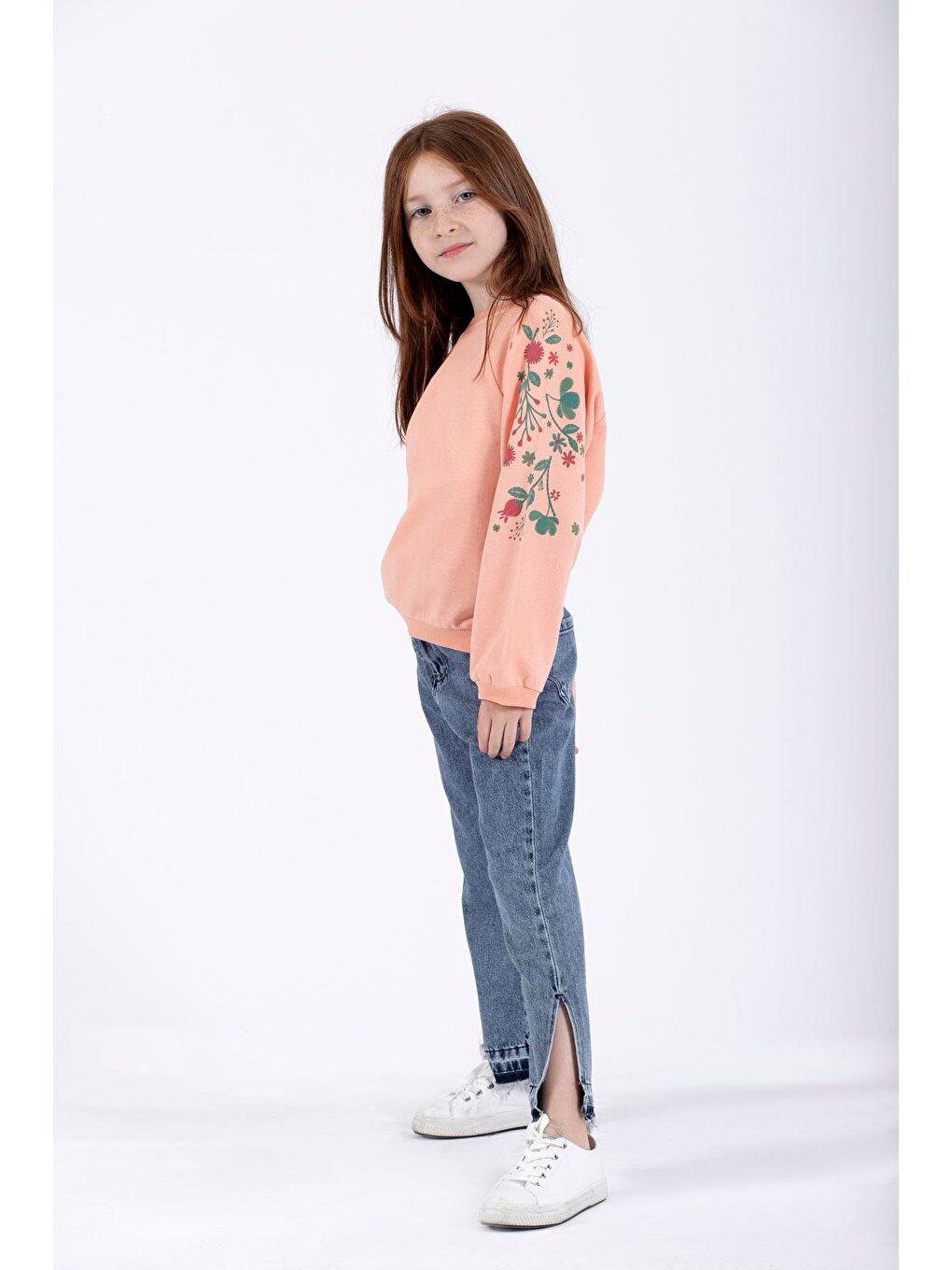 Pembe Bisiklet Yaka Çiçek Baskılı Kız Çocuk Sweatshirt-3