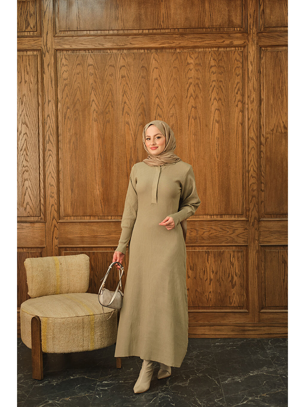 Bej Kadın Gizli Düğme Detaylı Elbise Vizon-1