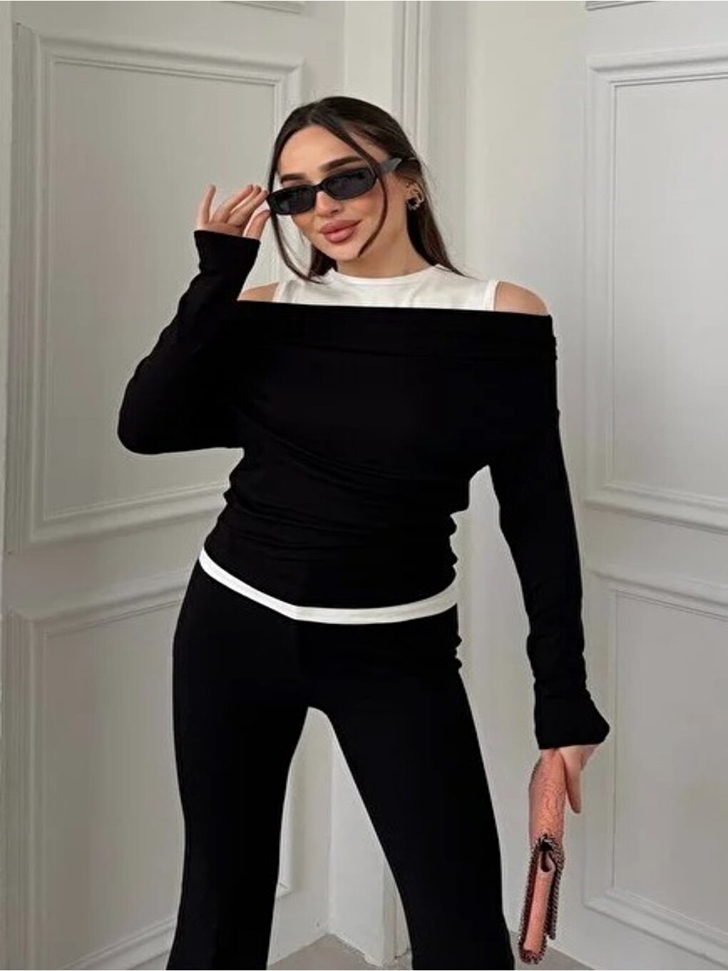 Kadın Omuz Pile Detaylı Kayık Yaka Atlet Detaylı Yeni Sezon Sweatshirt Siyah-1