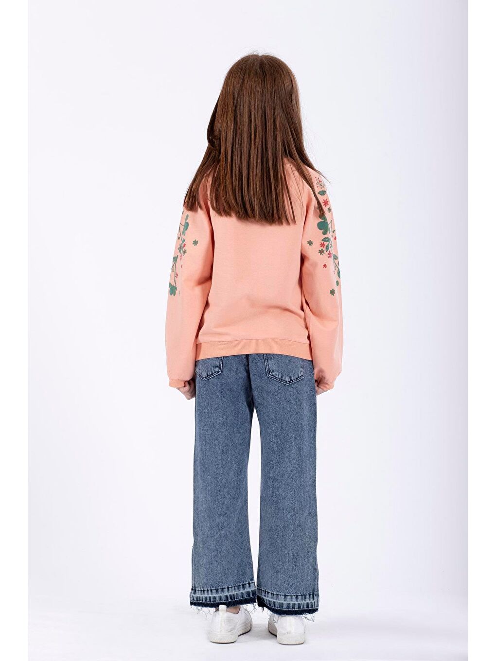 Pembe Bisiklet Yaka Çiçek Baskılı Kız Çocuk Sweatshirt-4