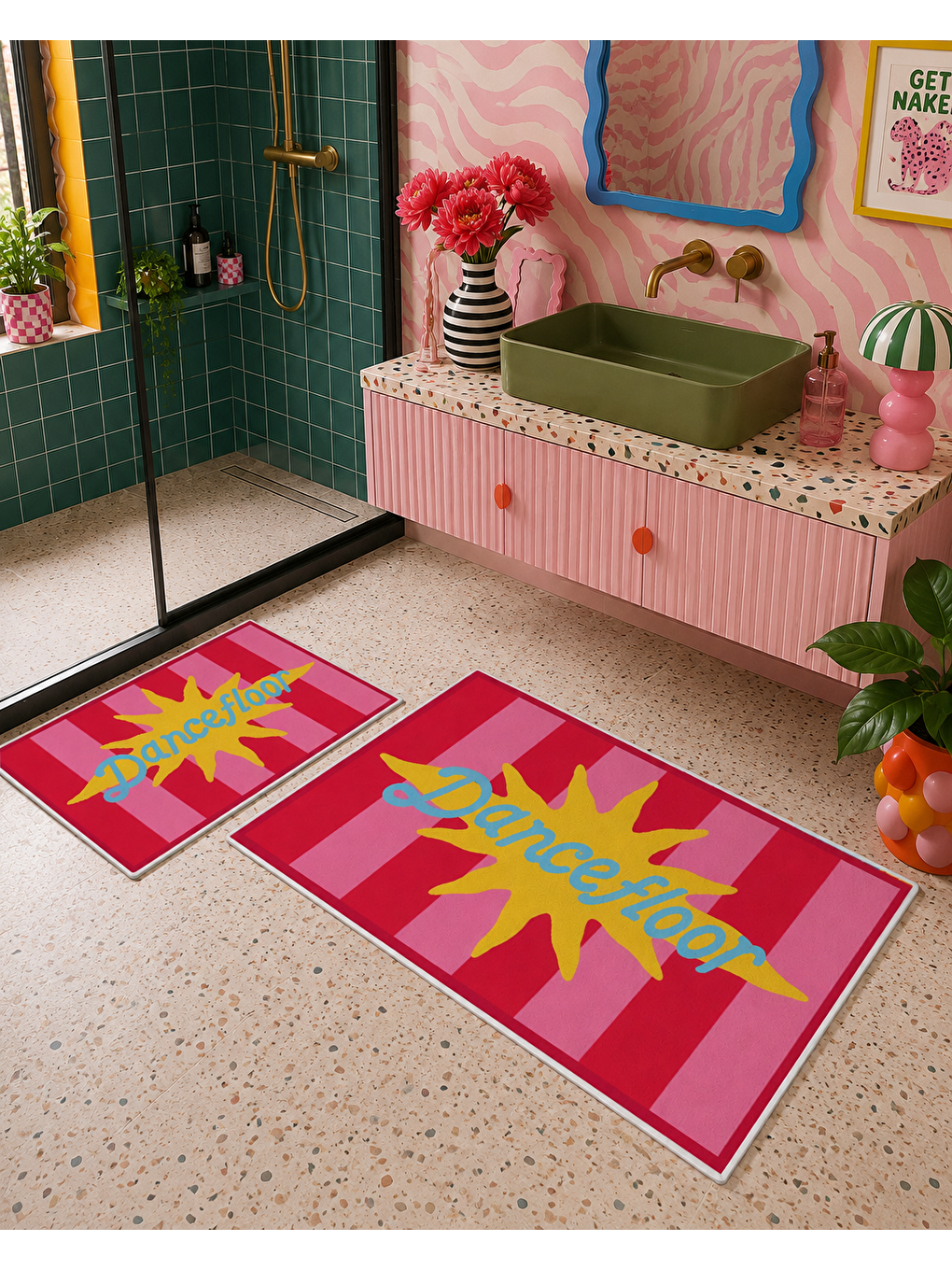 Fuşya Sarı Yıldız Desenli Banyo Paspası Dot Taban Üstü Kadife-6