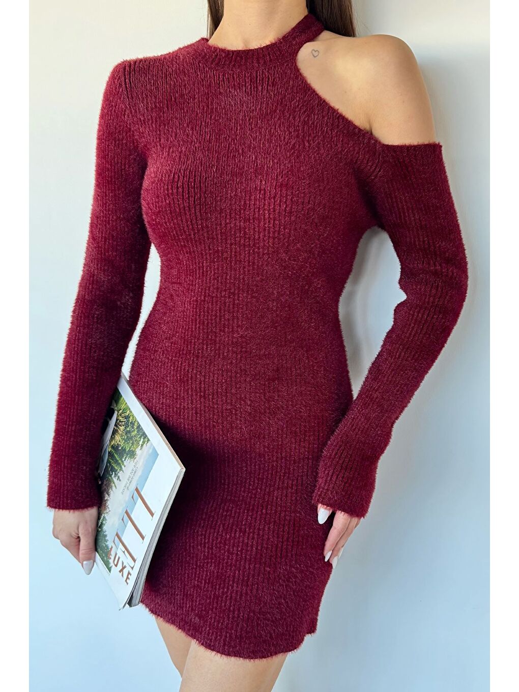 Bordo Tek Omuz Dekolteli Angora Kumaş Triko Elbise