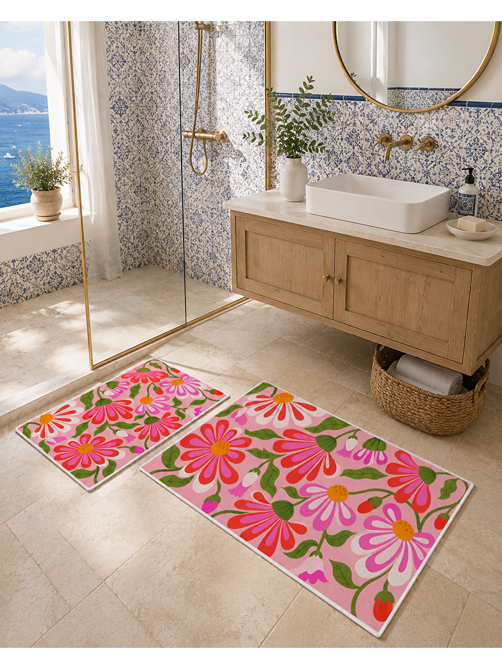 Pembe Yeşil Çiçek Desenli Banyo Paspası Dot Taban Üstü Kadife-4