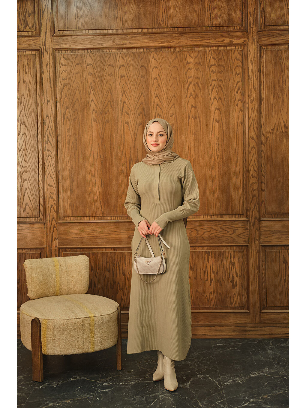 Bej Kadın Gizli Düğme Detaylı Elbise Vizon-2