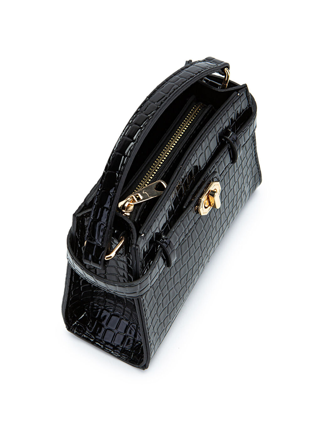 Kilit Aksesuar Kemer Detaylı Jessie Kadın Çapraz Çanta Siyah Croco-1