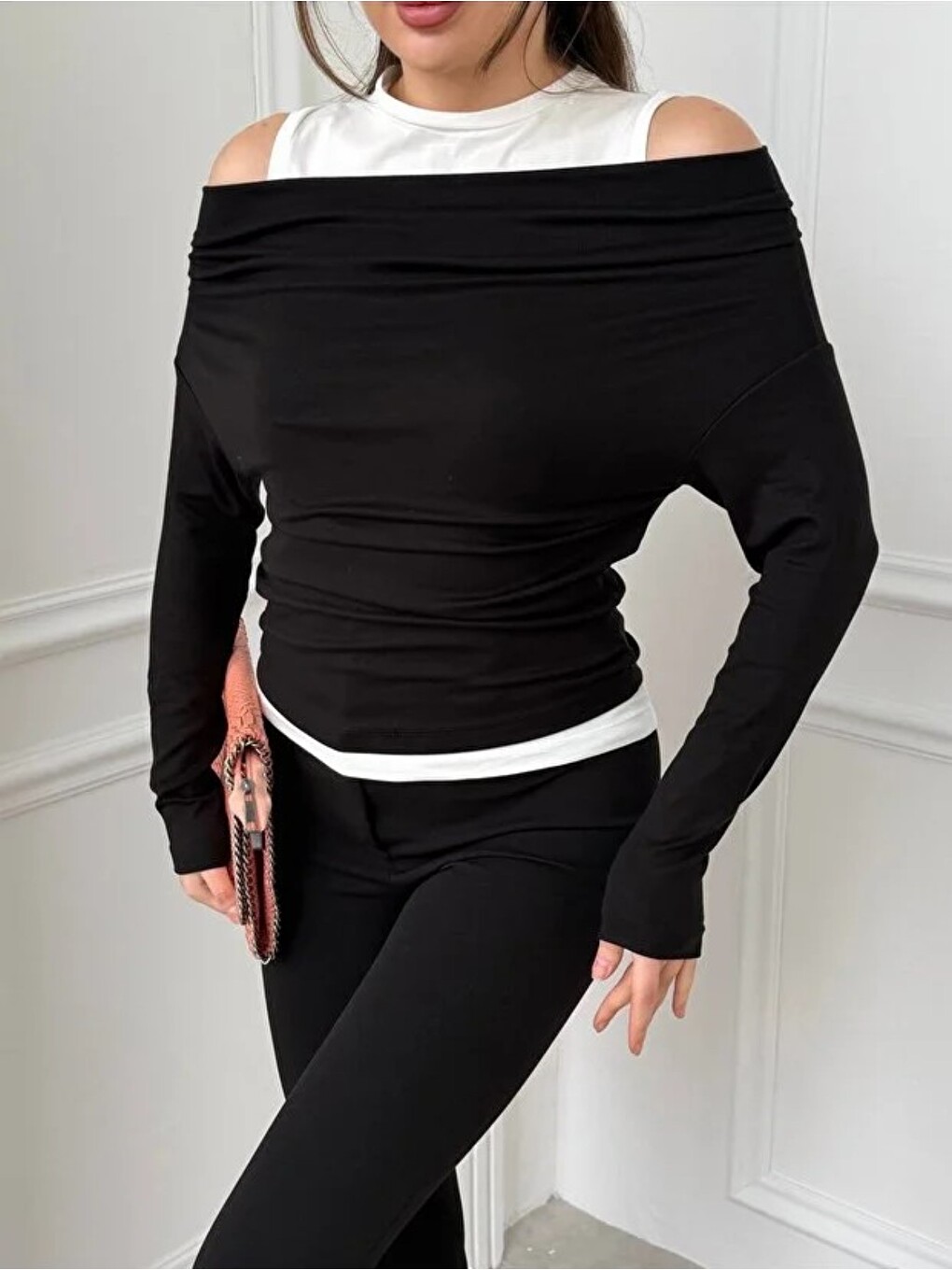 Kadın Omuz Pile Detaylı Kayık Yaka Atlet Detaylı Yeni Sezon Sweatshirt Siyah-2