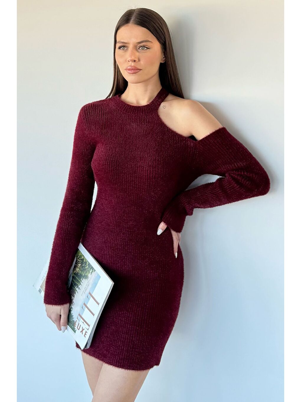 Bordo Tek Omuz Dekolteli Angora Kumaş Triko Elbise-2