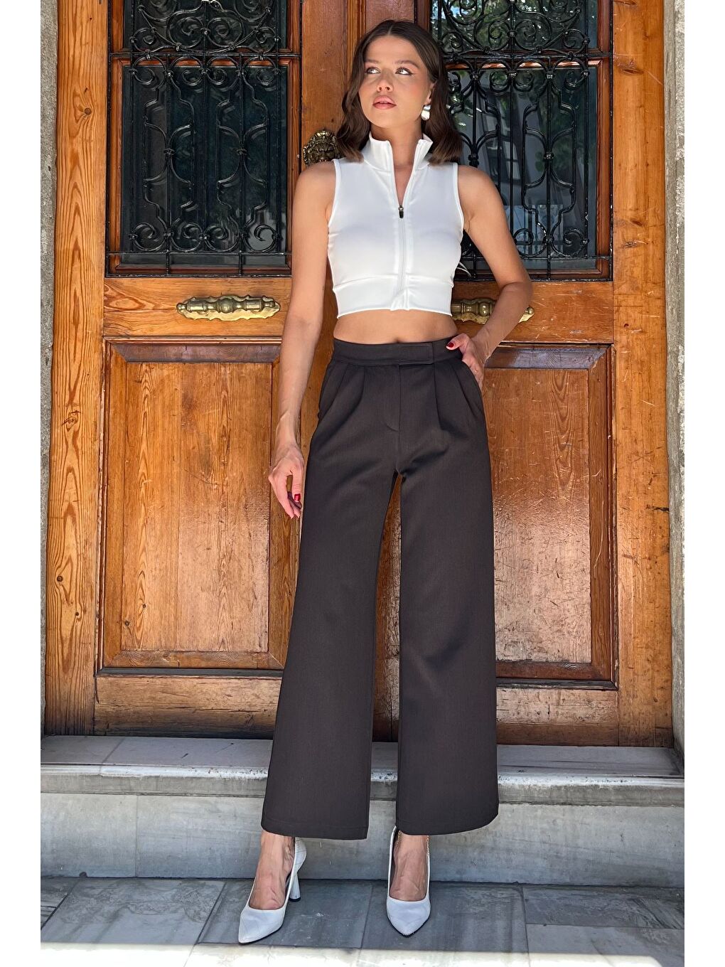 Kahverengi Kadın Bel Lastikli Cırtlı Palazzo Pantolon-1