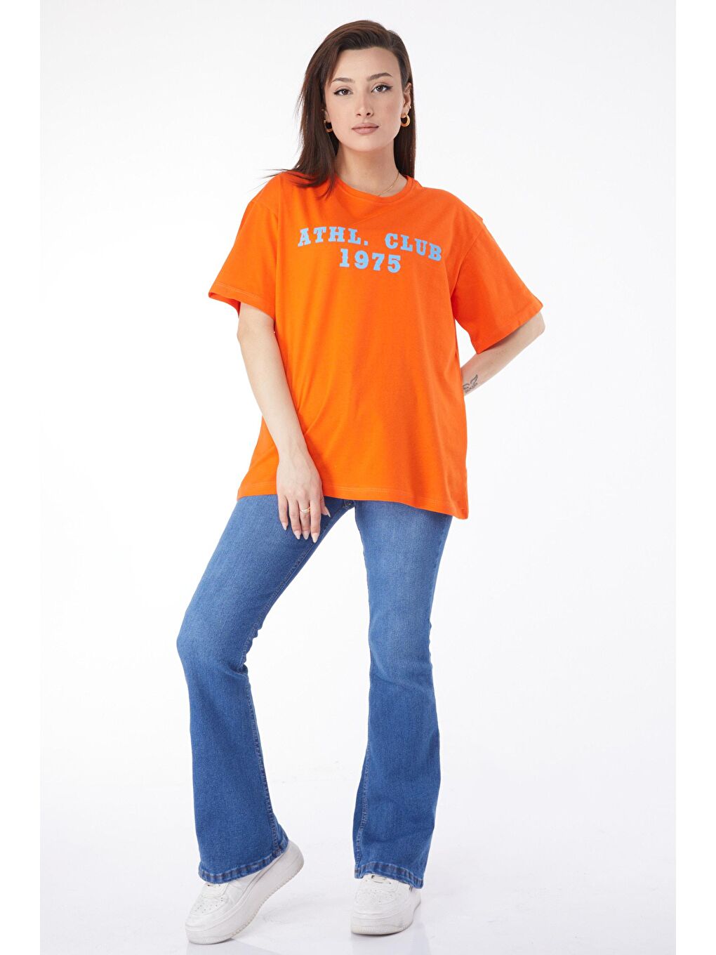 TOFİSA Turuncu Düz Bisiklet Yaka Kadın Turuncu Kısa Kollu Baskılı T-shirt - 24644